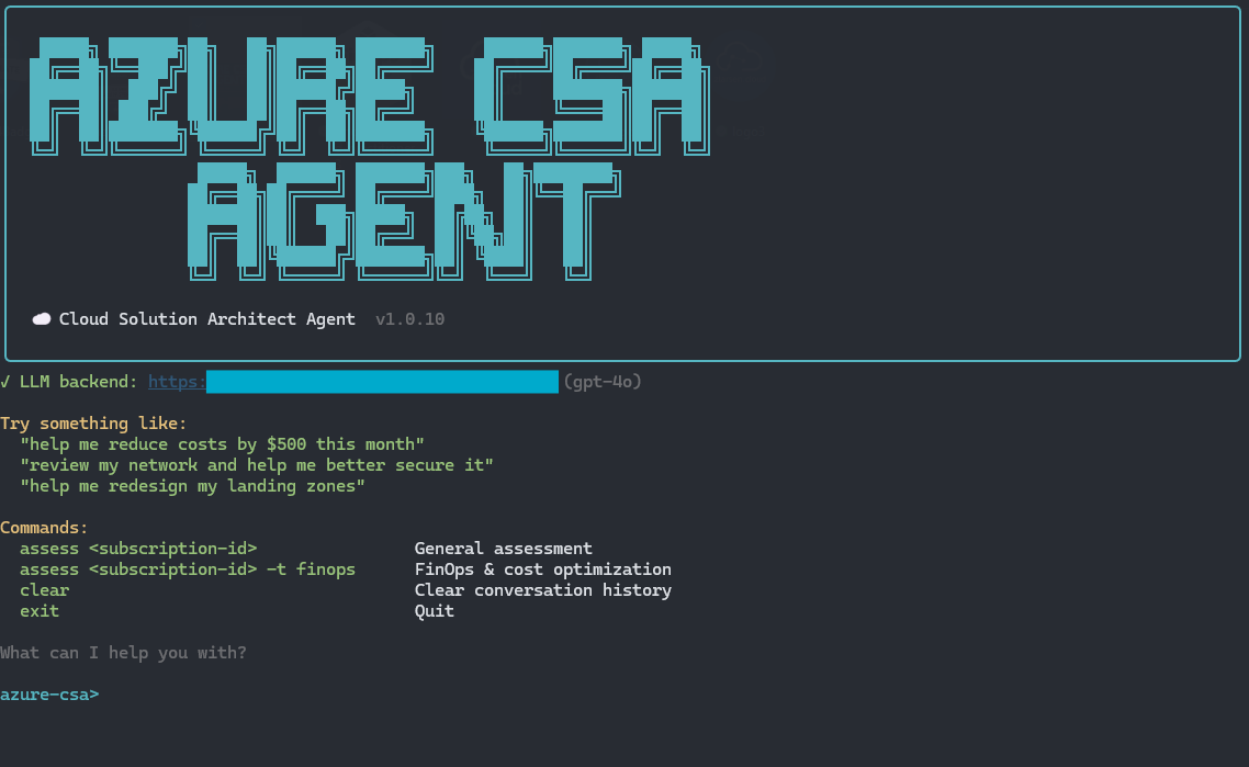 Azure CSA Agent CLI showing the interactive REPL with ASCII art banner, sample natural language prompts, and rotating greeting