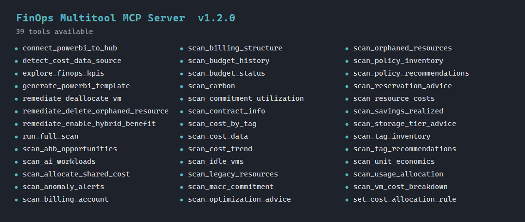FinOps Multitool MCP server tool catalog