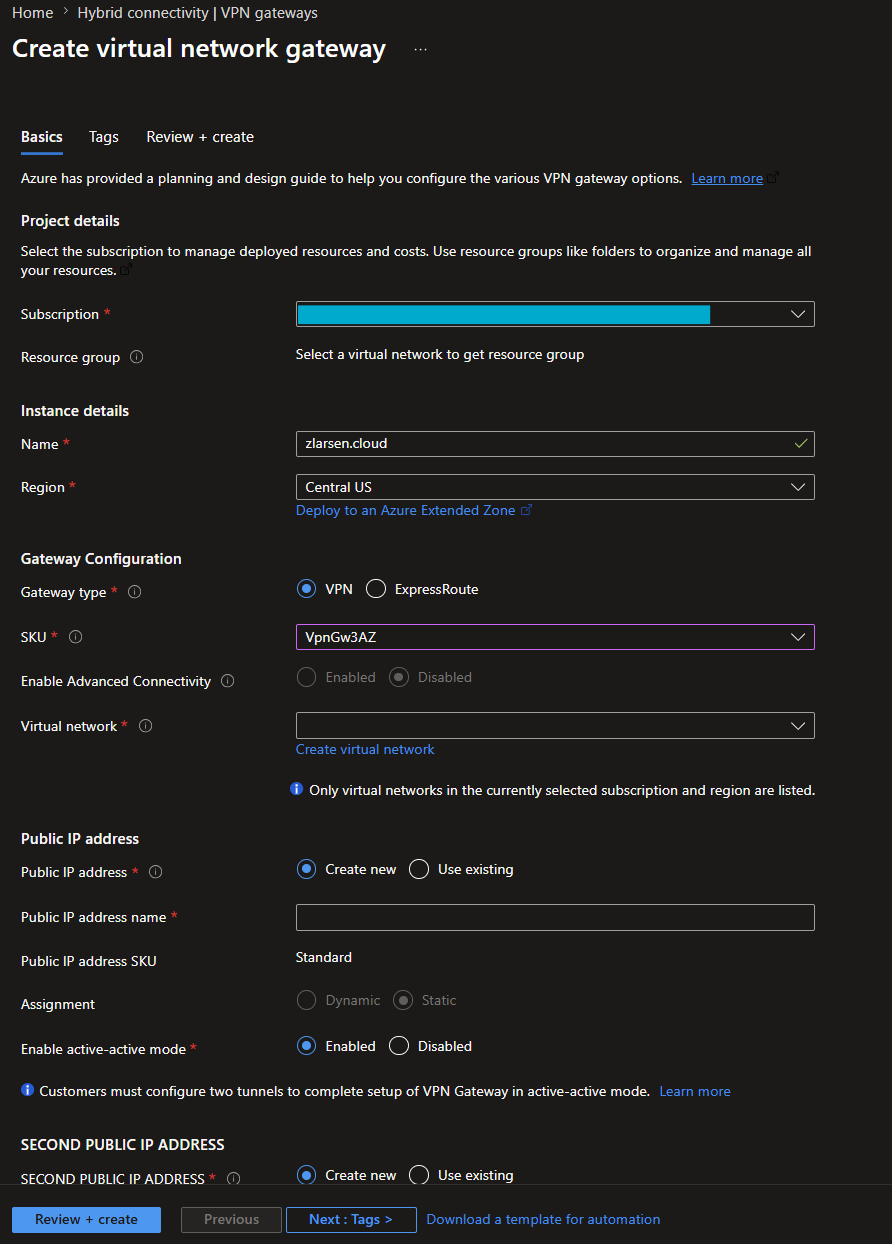 Azure portal Create virtual network gateway Basics tab showing project details, instance name and region, gateway type set to VPN, SKU VpnGw3AZ, virtual network selection, and the public IP address section with active-active mode enabled