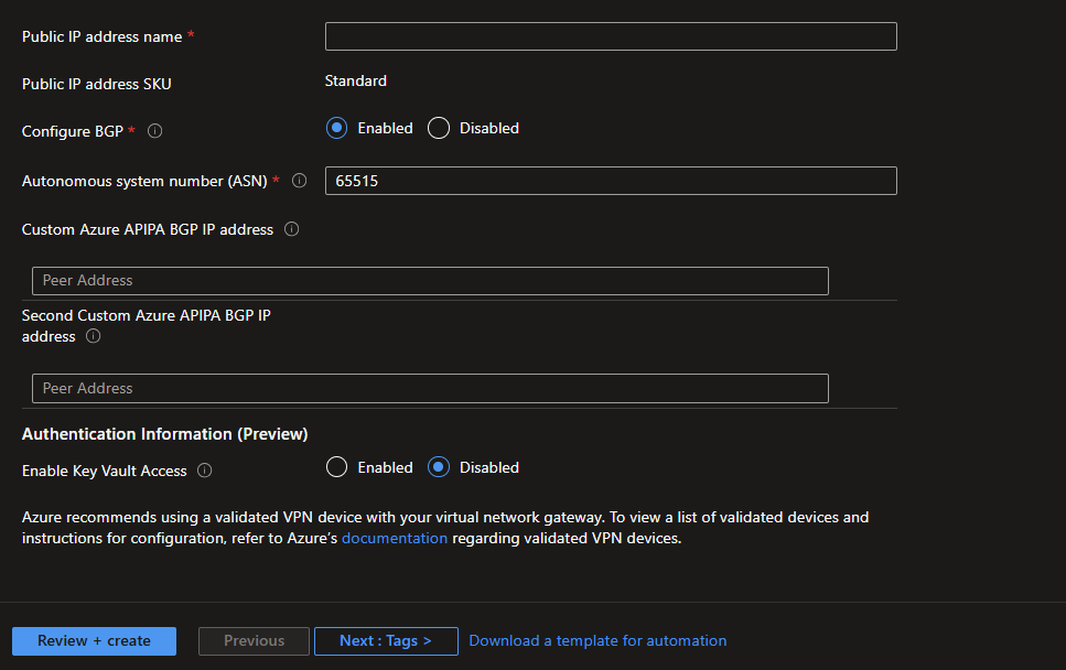 Lower half of the Create virtual network gateway Basics tab showing the second public IP name, Configure BGP enabled with autonomous system number 65515, custom APIPA BGP peer address fields, and Key Vault access authentication option disabled